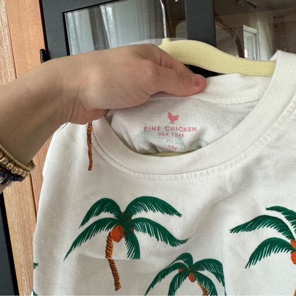 Pink Chicken Girls Organic cotton Sweatshirt crewneck Cream Palm Trees print - Picture 3 of 7